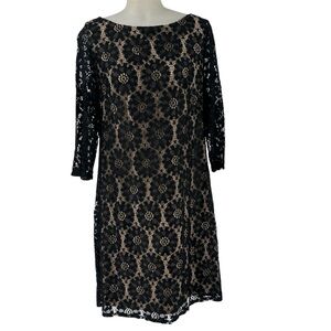 Jessica Howard Black Lace Overlay Sheath Dress Nude Lining 3/4 Sleeve Sz12 Event